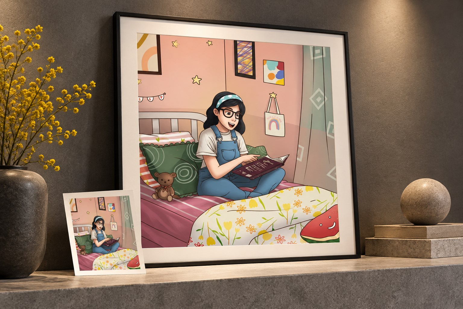 Framed bedroom character illustration in a gallery setting