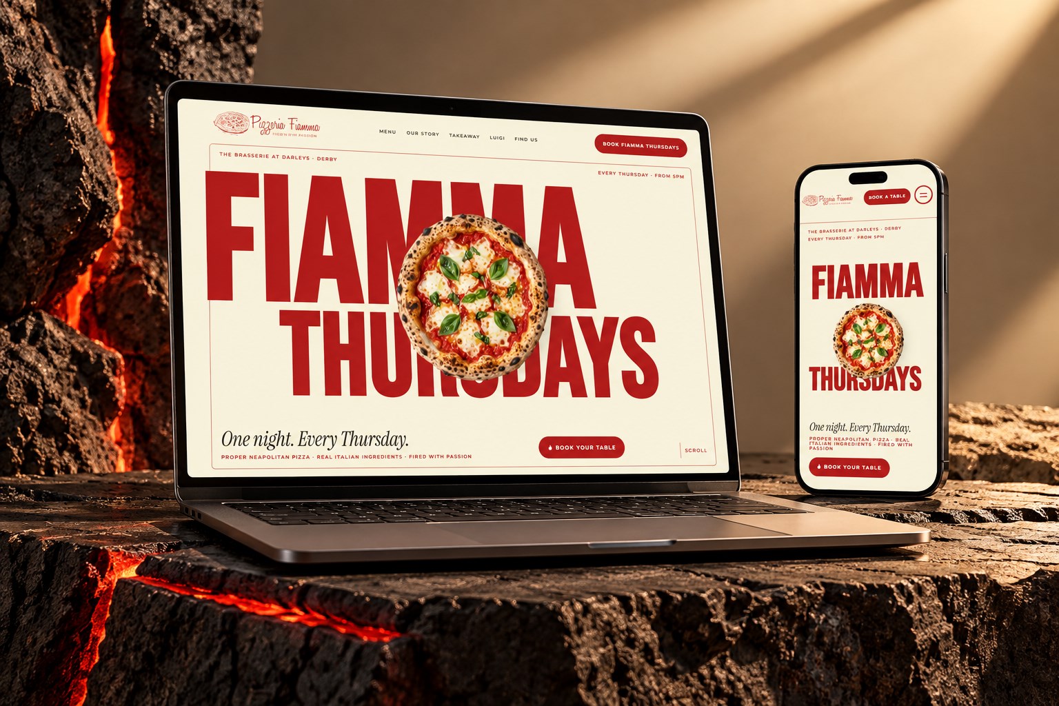 Pizzeria Fiamma responsive restaurant website on laptop and mobile