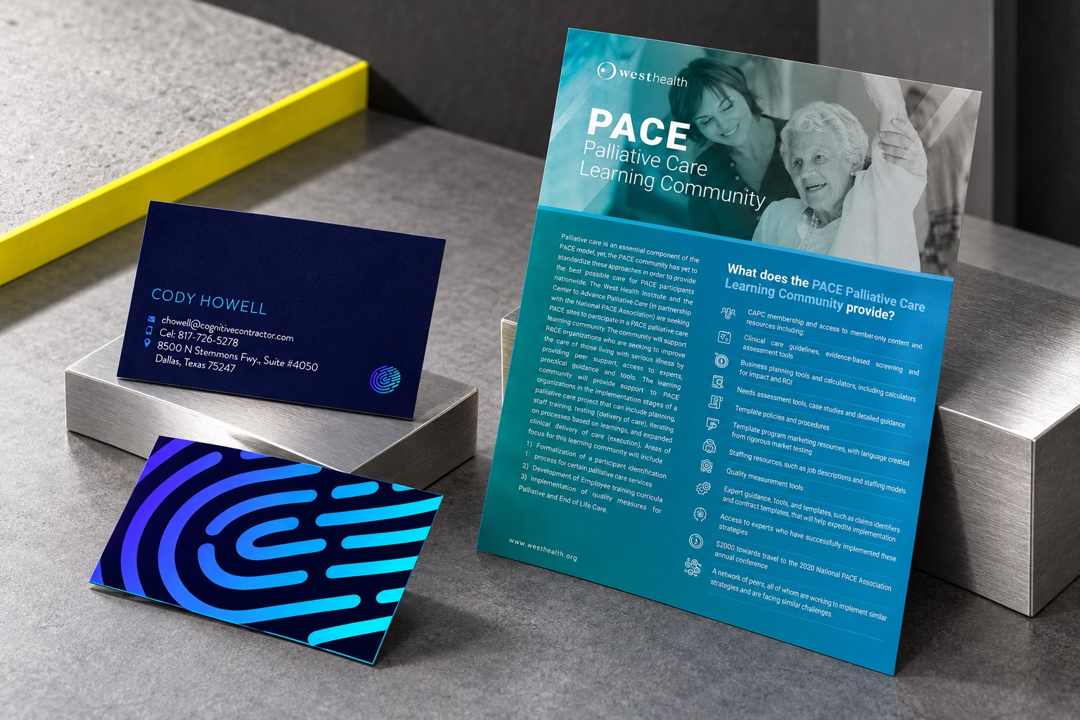 Business-card identity and editorial flyer in a graphic-design studio