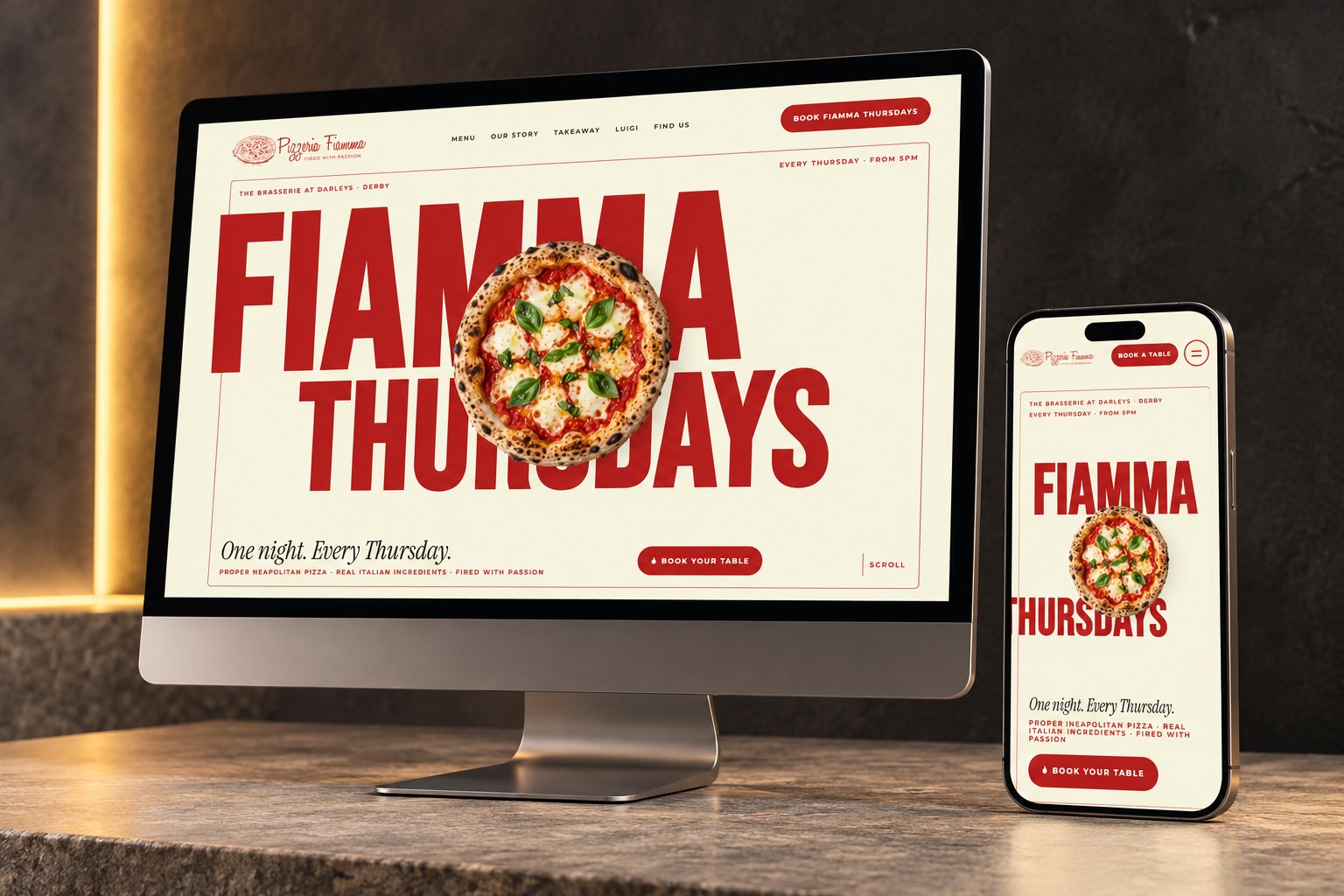 Pizzeria Fiamma responsive website on desktop and mobile